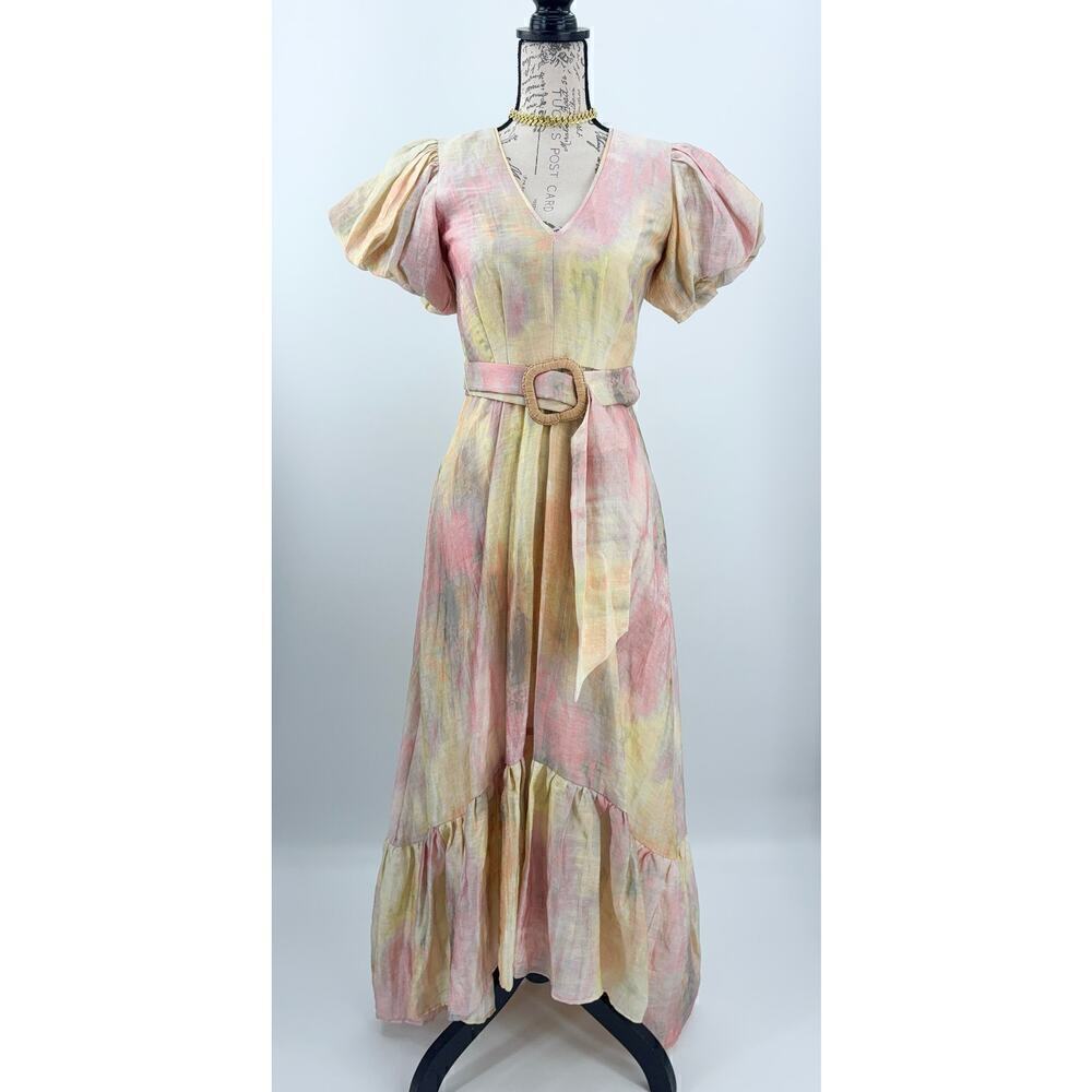 B51 Hunter Bell Sunset Ruffled Midi Dress 0‎ Linen Belted Puff Sleeve Flowy - Picture 4 of 9